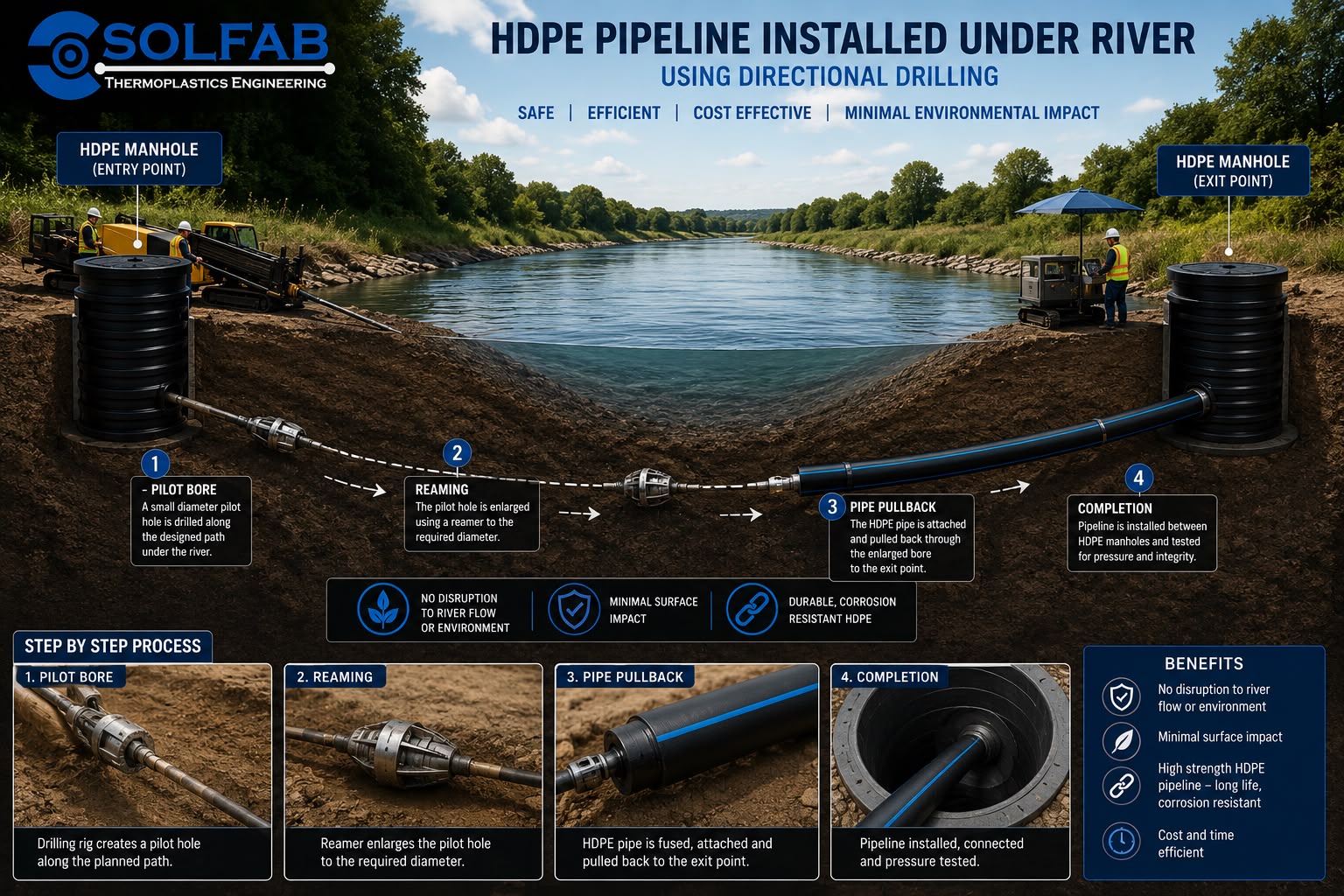Diagram showing HDPE pipeline installation under a river using directional drilling, with entry and exit manholes and the pilot bore, reaming, pullback and completion stages